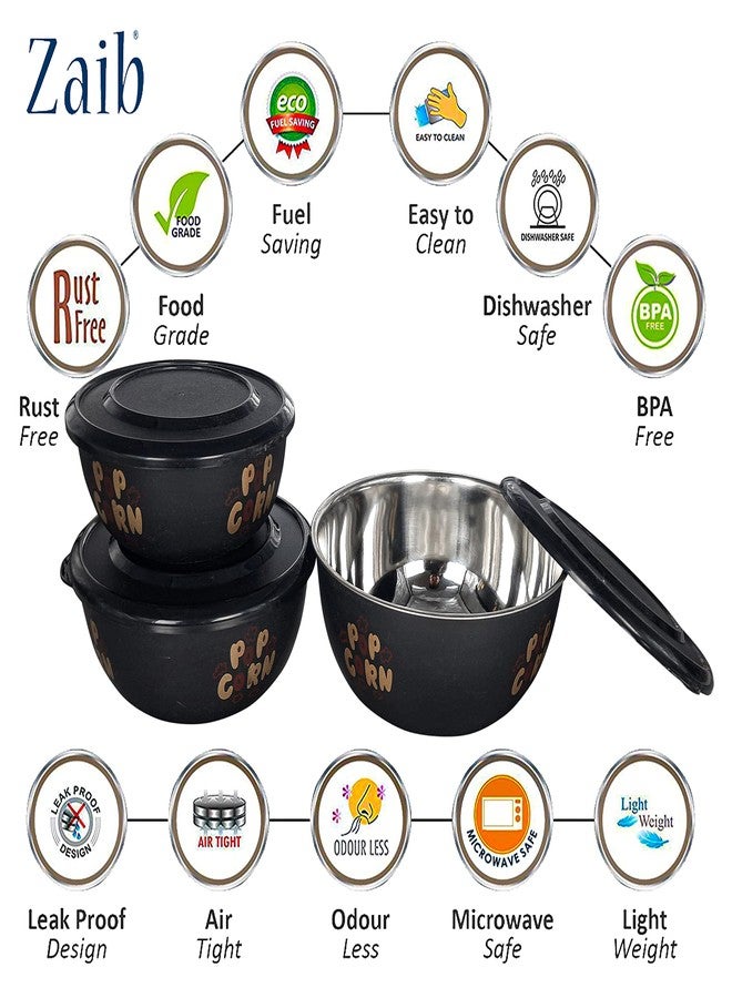 Zaib Microwave Safe Stainless Steel Bowl Set with Lid | Steel Inside Plastic Outside | Stackable Bowls for Snack Serving, Food Storage & Reheating | Multipurpose Kitchen Bowls (Classic Popcorn) - Image 3